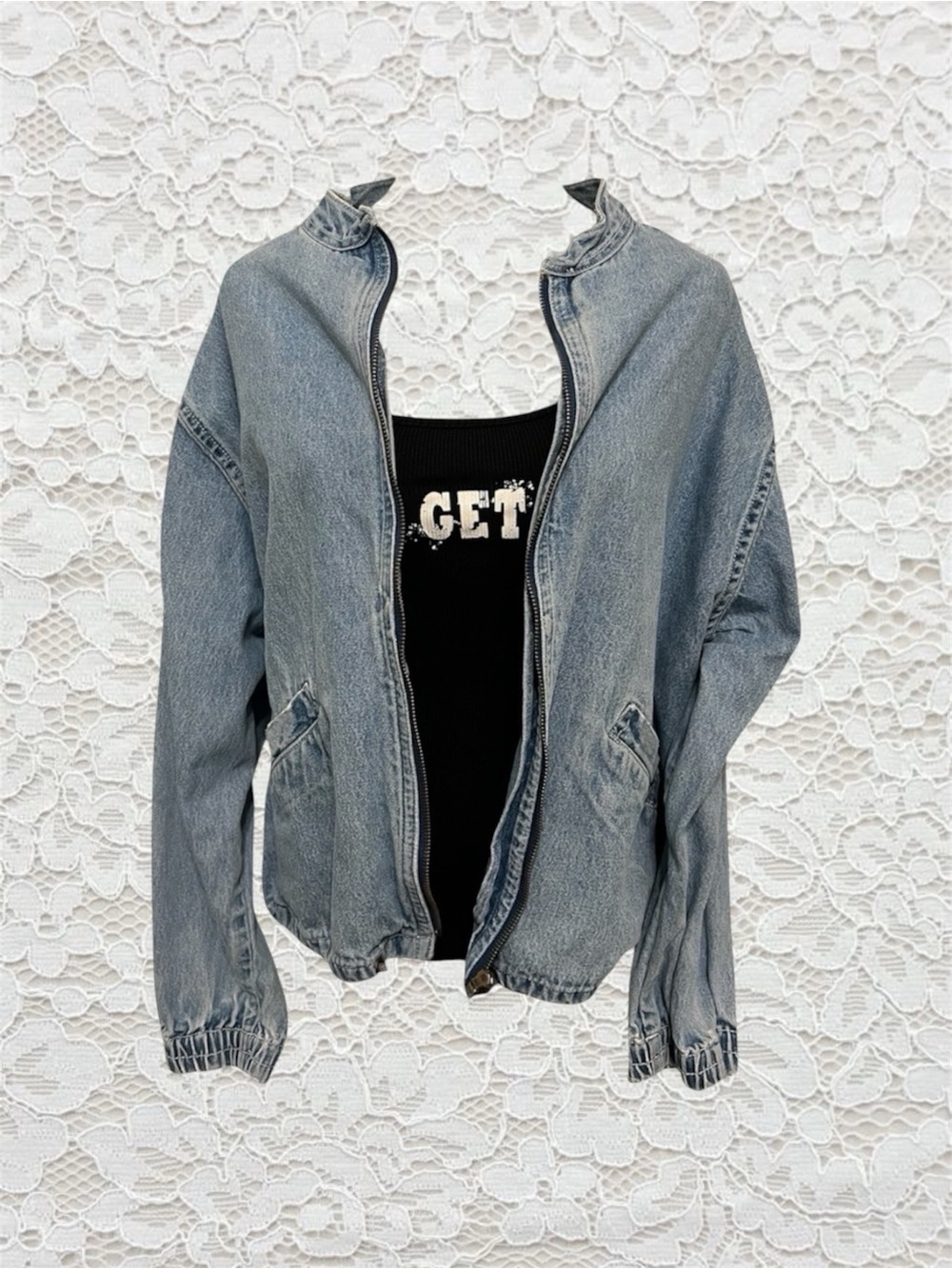 vintage light blue denim bomber jacket